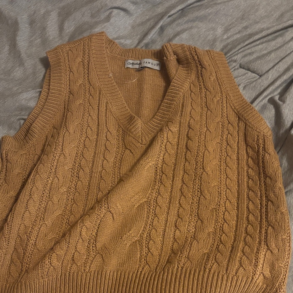 Absolutely Famous V-Neck Cable Knit Sweater Vest - Brown